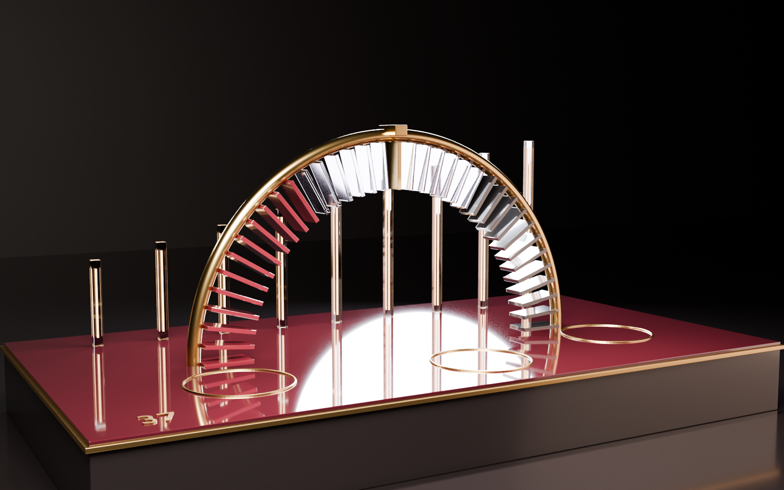 De installatie van ROUGE / 37: een halve ring van verouderd messing staat op een gepolijst oxbloedrood tafelvlak en draagt zevenendertig radiale lamellen — links oxbloed lacquer, door de kroon gerookt optisch glas, rechts zwart lacquer, met één messing sluitsteen op het hoogste punt. Achter de boog staat een rij smalle glazen staven met elk één warme kernlijn; het tafelvlak weerkaatst de boog en twee lange striplichten.