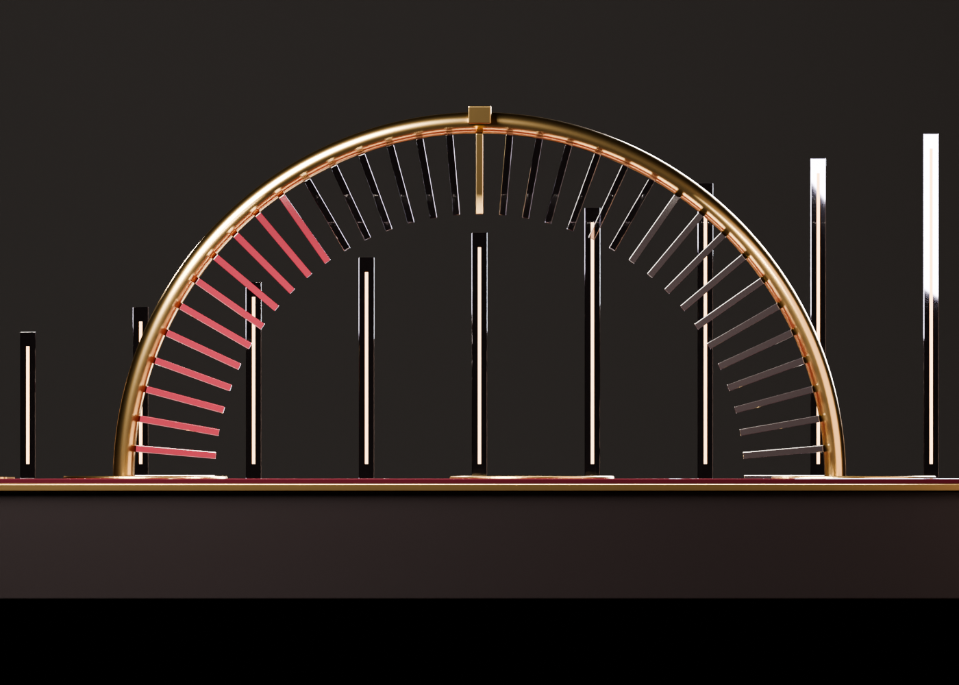Orthografisch vooraanzicht van de installatie: de halve ring met zevenendertig lamellen staat symmetrisch op de plint, met de negen glazen staven als een oplopende rij erachter.
