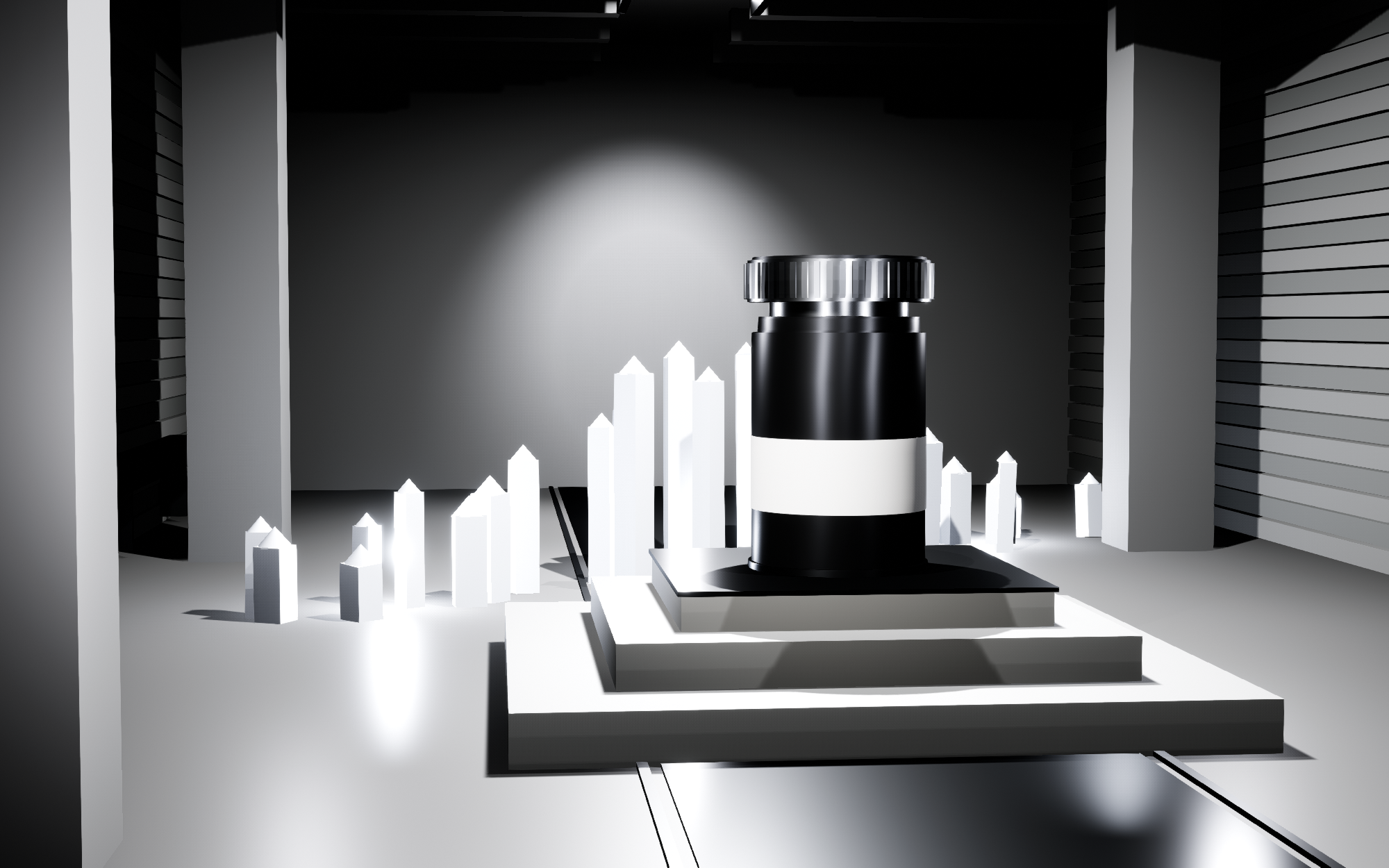 De informatiekamer van KERN / MONO: een betonnen beuk met kistlagen in de wanden, één lange lichtsleuf in het gewelfde plafond, een stalen lijn over de vloer en midden in de ruimte één onbedrukte pot op een getrapte betonnen sokkel, met daarachter een lage rug van kristalvormen.